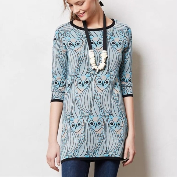 Anthropologie HWA Owl Sweater Knit  Tunic Dress All Over Pattern Blue Black - Picture 1 of 7